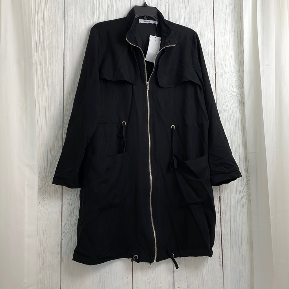 Long Black Trench Coat Silver Zipper Cinched waist JustFab